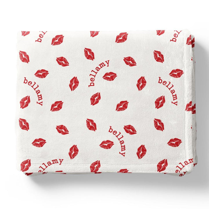 white minky blanket for kids personalized with their name with red lips 