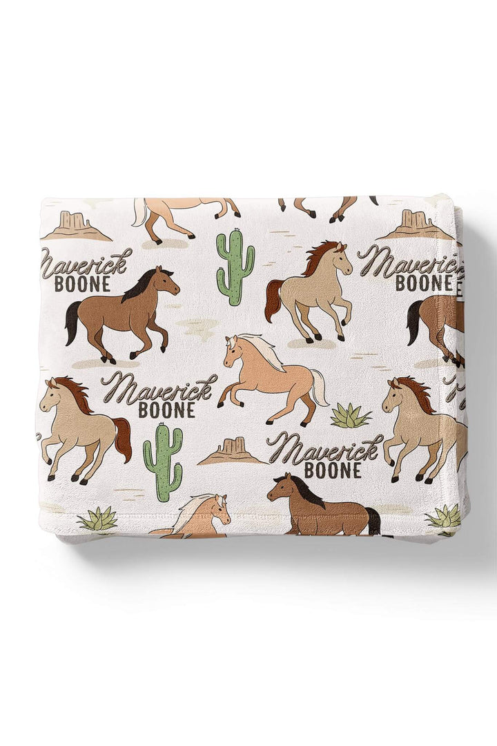 galloping horse, cactus, and mountain personalized blanket for kids 