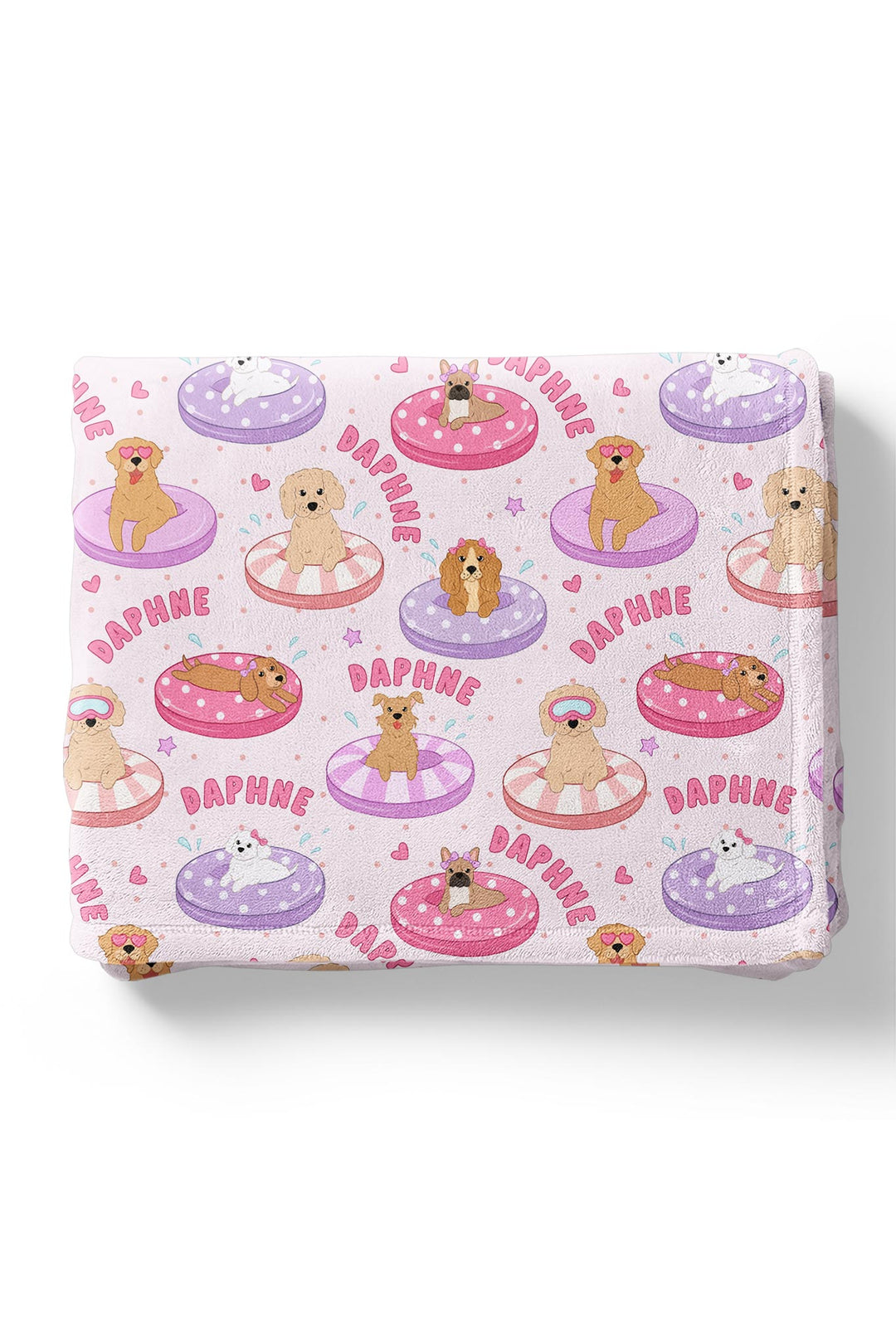 personalized pink poolside pups kids blanket with dog and floaties print