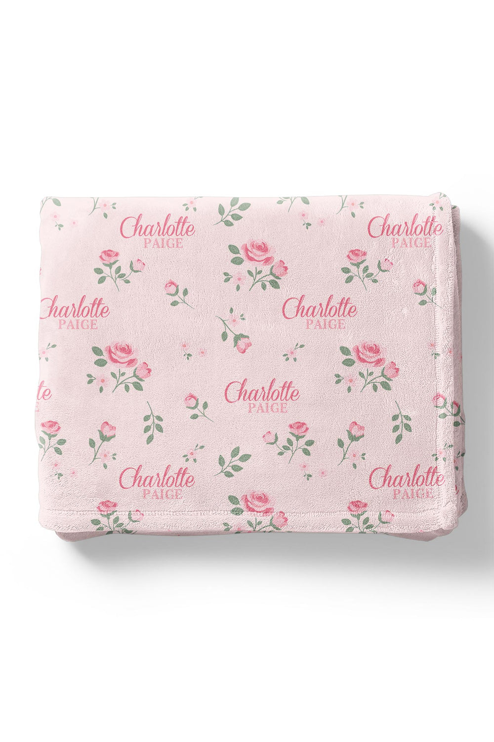 Caden Lane personalized baby blanket, folded, Rose Garden Blush pink floral pattern with custom name