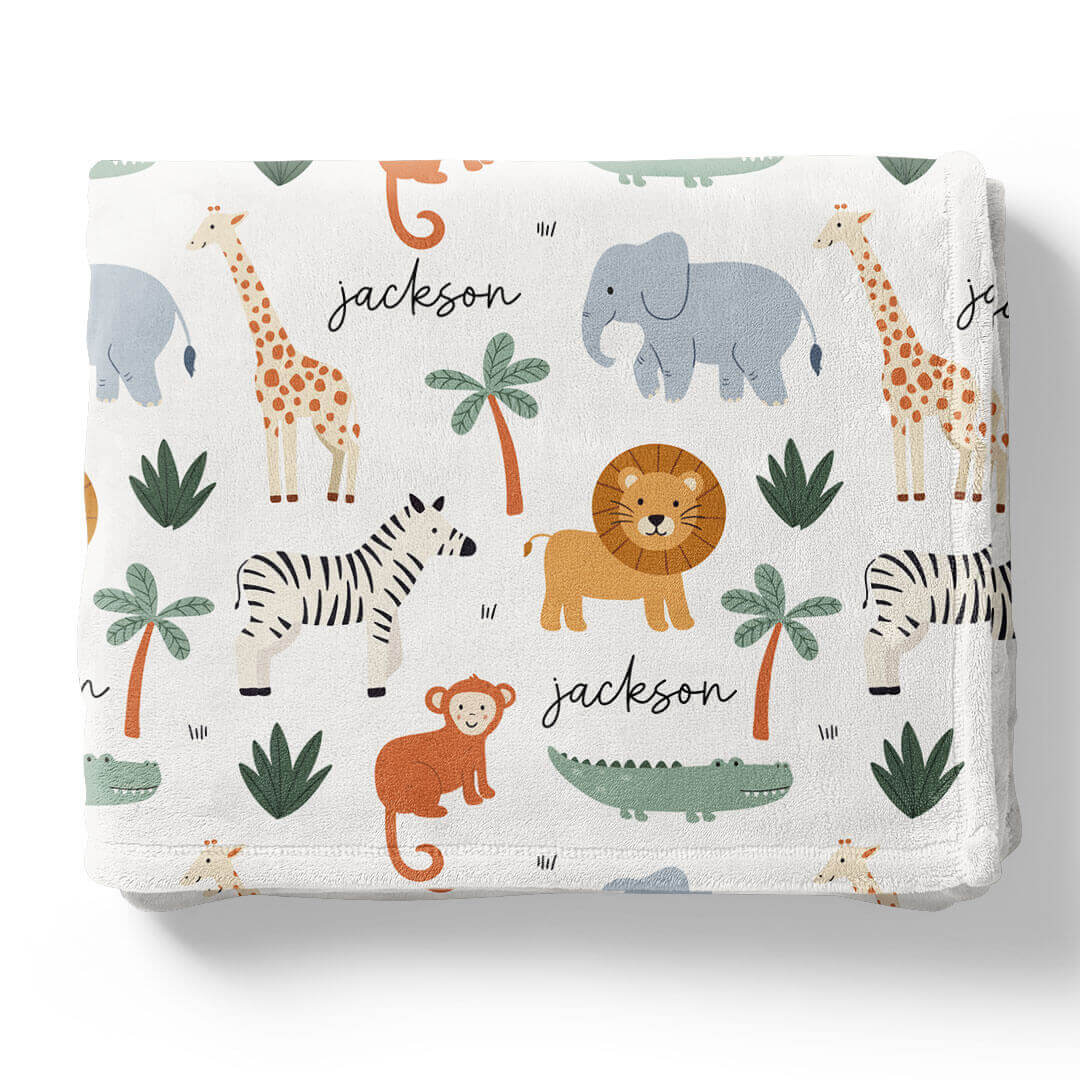 safari animal themed personalized kids blanket 