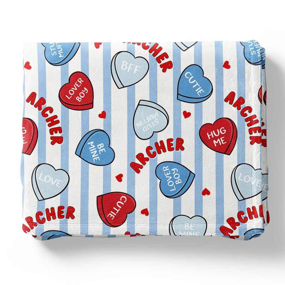 boys personalized valentine's day blanket with blue stripes and candy hearts 