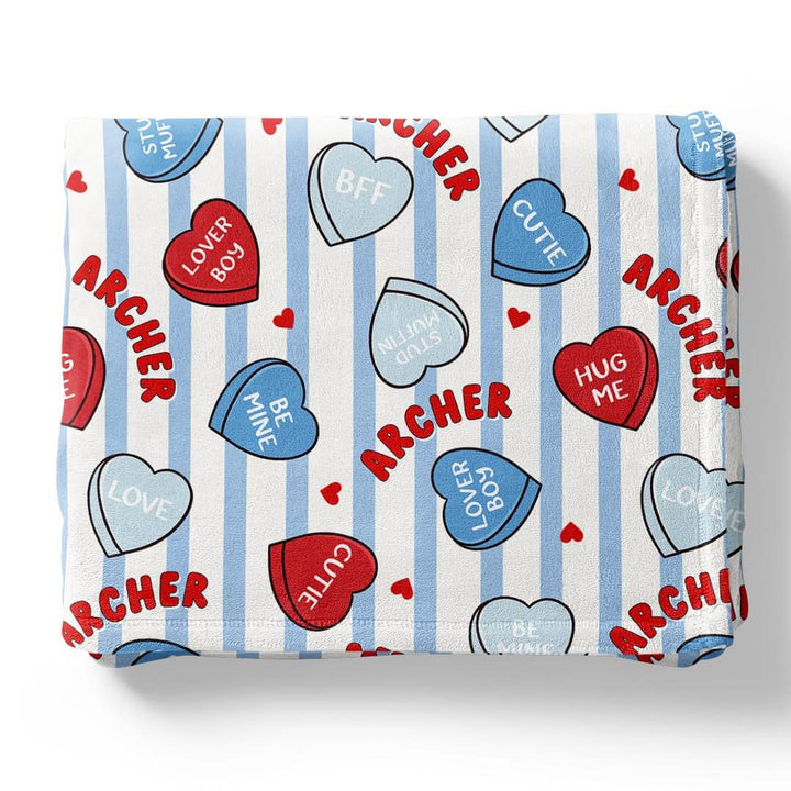 boys personalized valentine's day blanket with blue stripes and candy hearts 