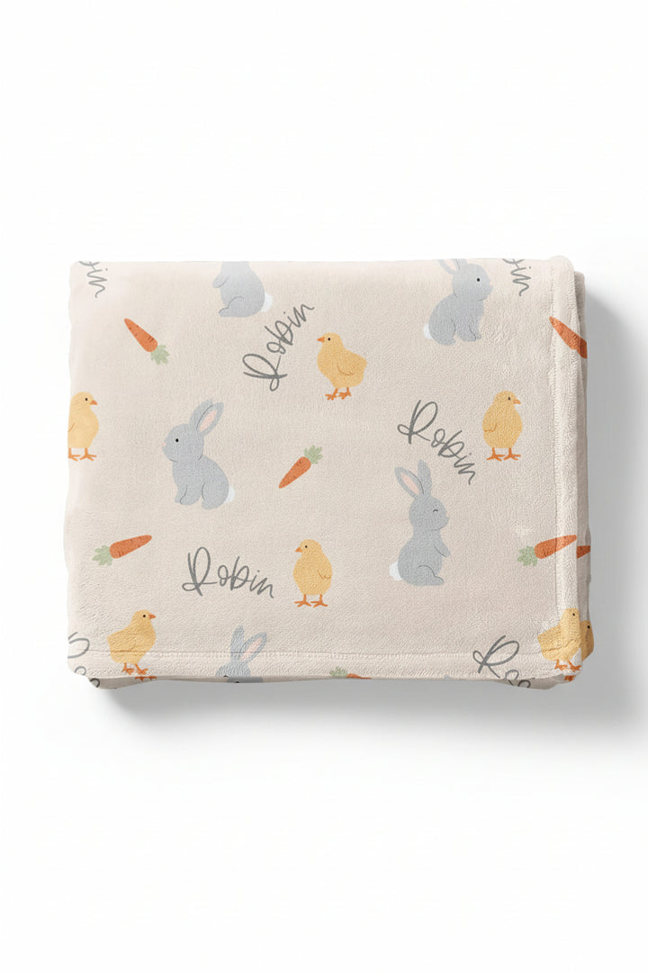 gender neutral easter personalized blanket for kids with chicks, bunnies and carrots 
