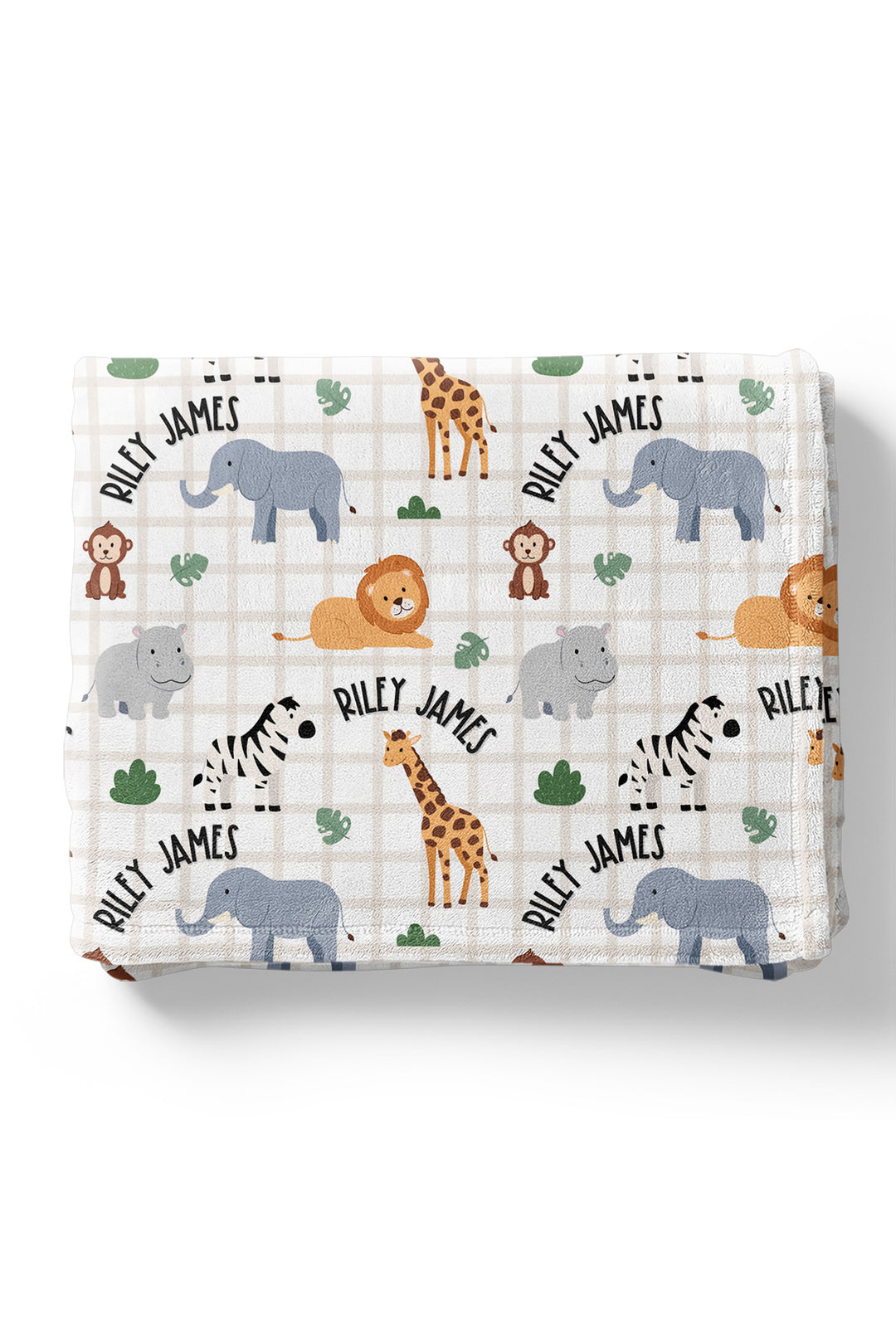Folded Caden Lane personalized plush blanket in a Wild Child print featuring elephants, lions, giraffes, zebras and hippos, with arched name text reading "Riley James."