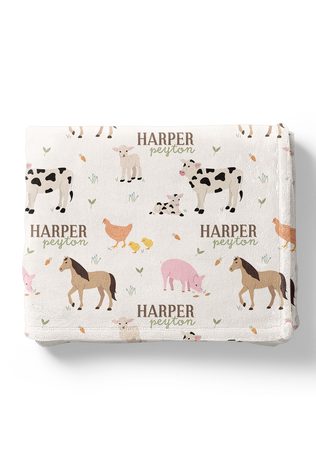 Caden Lane personalized farm animal minky blanket folded flat, featuring custom name 'Harper Peyton' with cow, horse, pig, chicken, and lamb prin