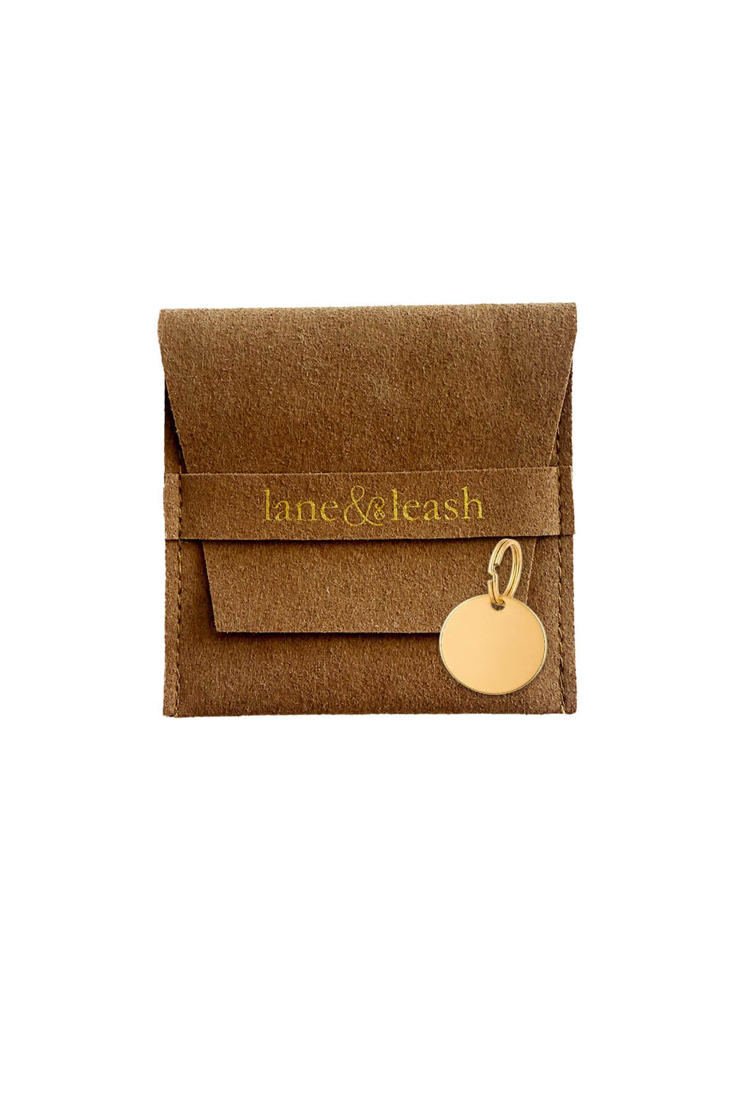 circle id tag and suede bag