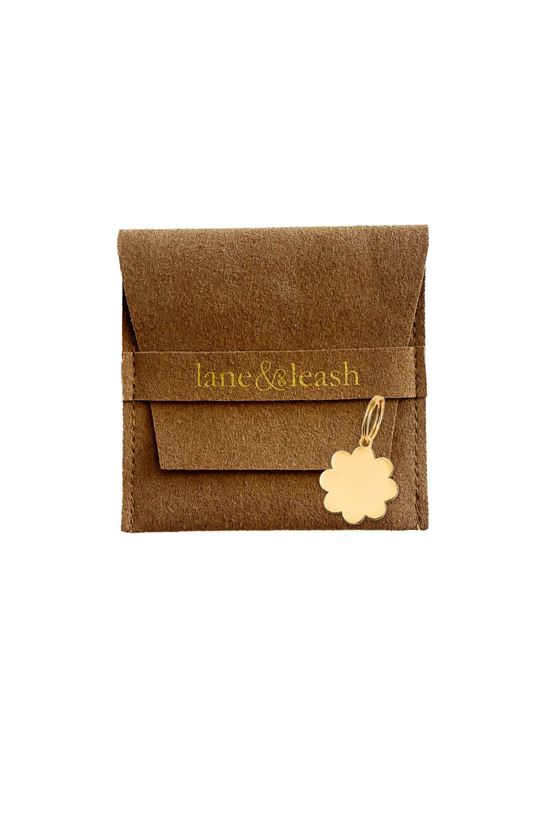 suede bag and flower id tag