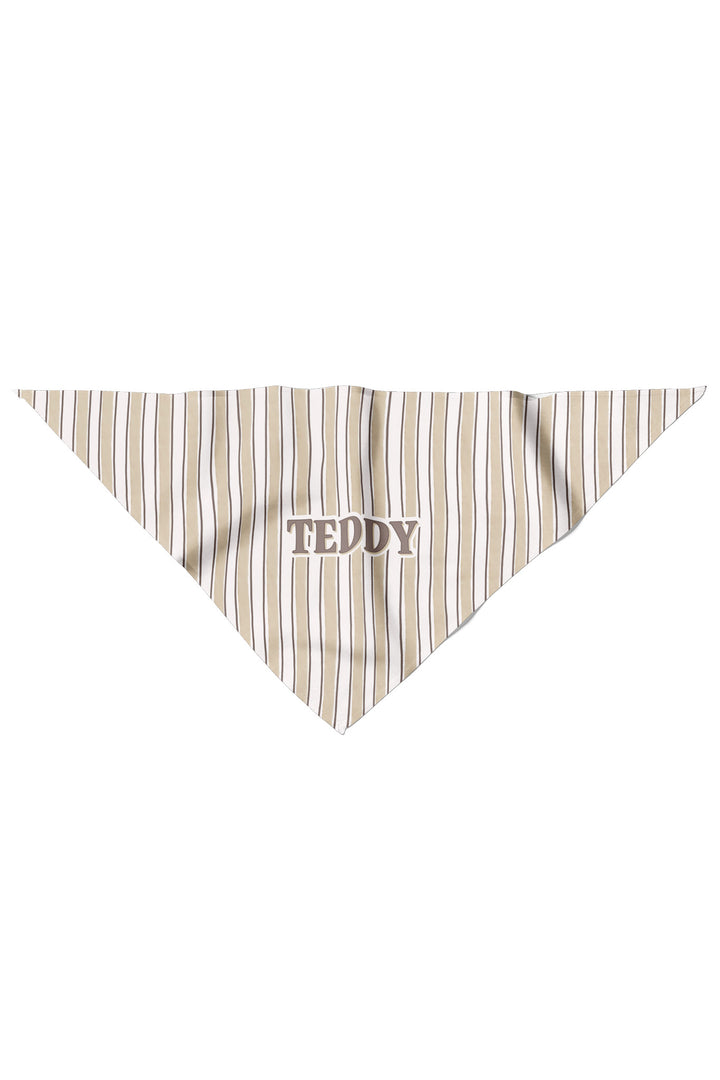 Flat-lay of personalized pet bandana in Biscuit Stripe pattern showing triangle shape with the name TEDDY printed in block letters at center