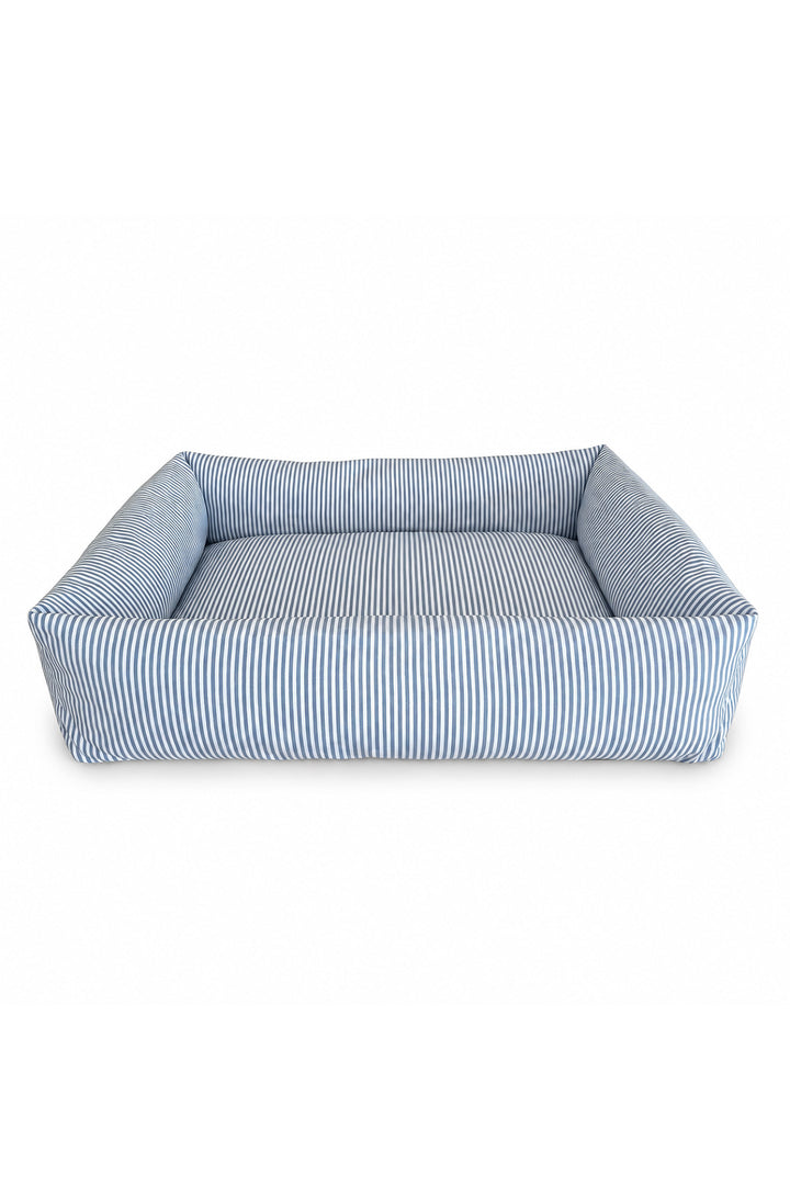 A rectangular Lane & Leash pet bed with a blue and white striped fabric, shown from a front-facing perspective on a solid white background.