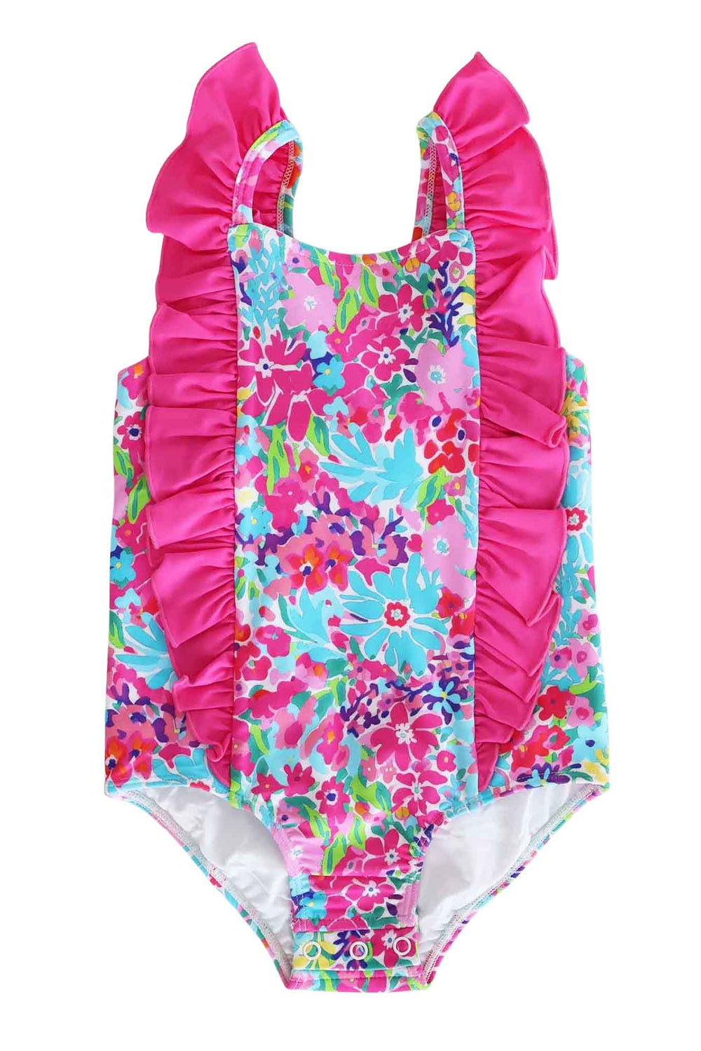 bright floral double ruffle one piece for girls with bow on the back