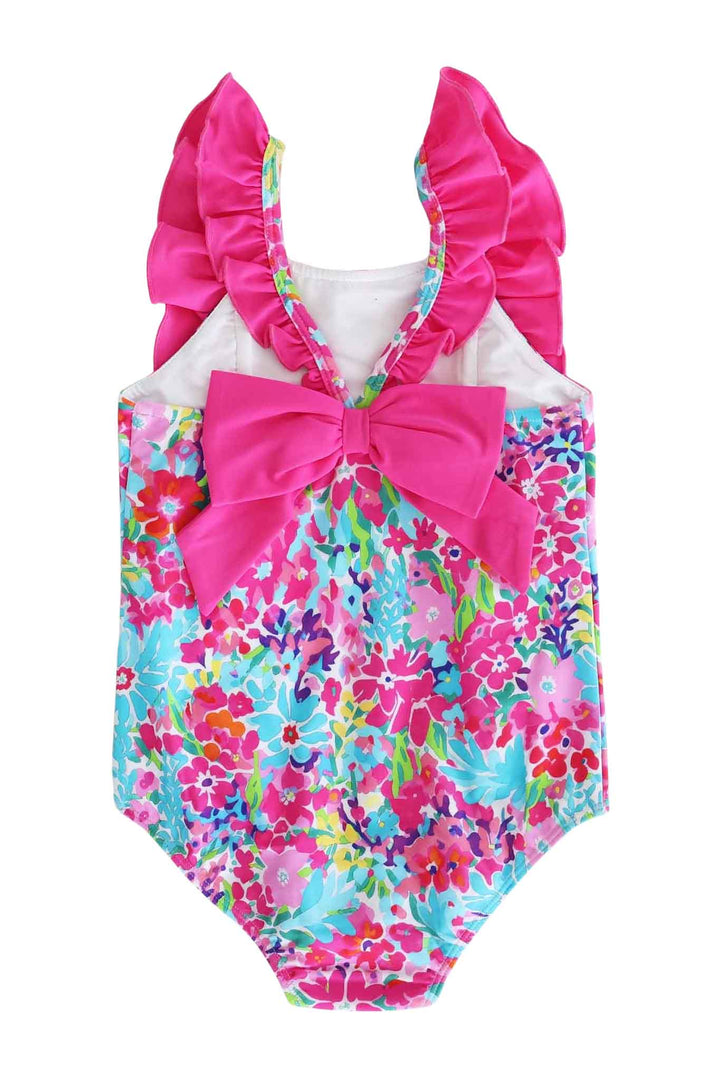 bright floral double ruffle bow back one piece swimsuit for girls 