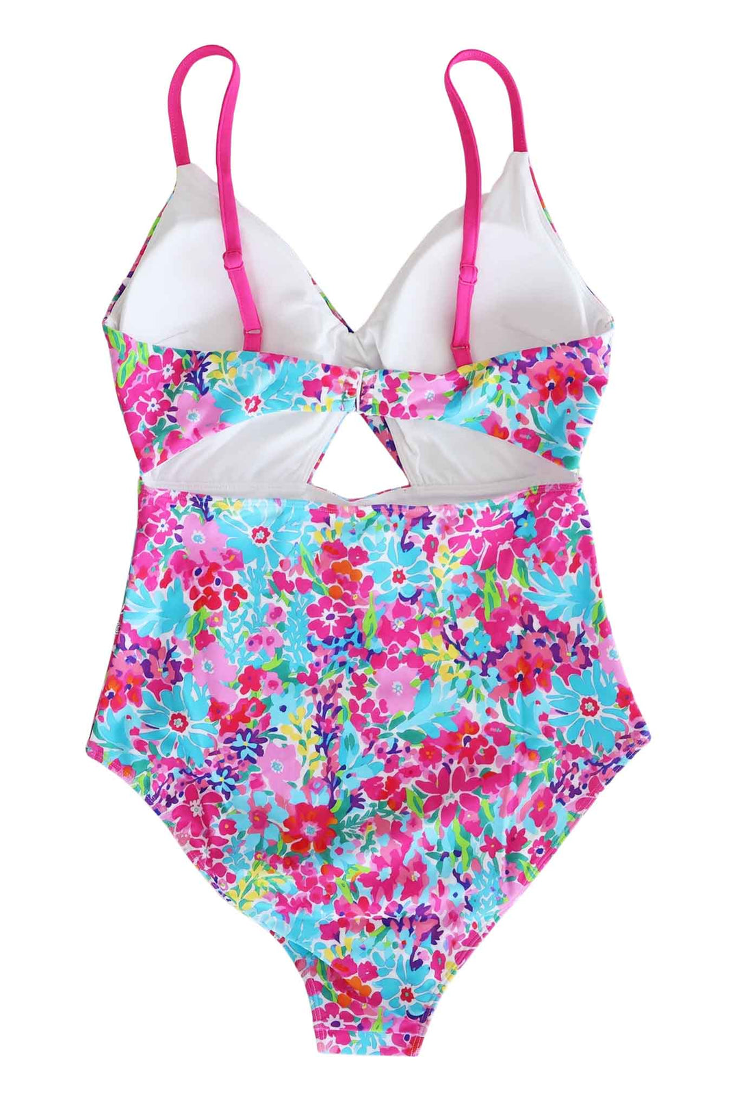 back view of petal splash spaghetti strap one piece swimsuit with cutout in the back 
