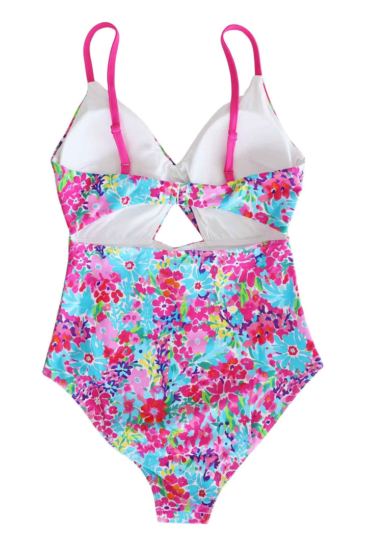 back view of petal splash spaghetti strap one piece swimsuit with cutout in the back 