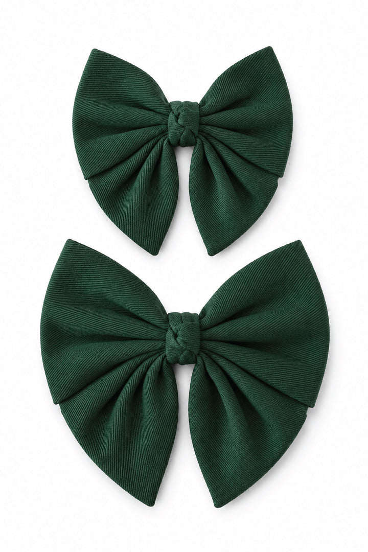 Two Lane & Leash Pine dog sailor bows in solid dark green, shown in small and large sizes on a white background