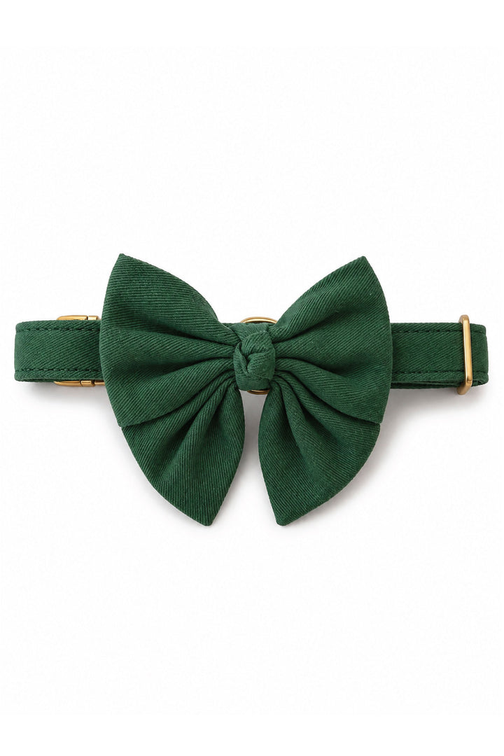 Lane & Leash Pine dog collar in solid dark green with matching oversized sailor bow and gold hardware, on a white background