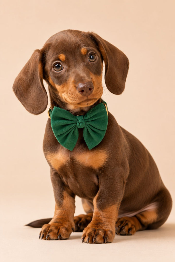 Chocolate and tan Dachshund puppy, wearing a Lane & Leash Pine dog collar and sailor bow in solid dark green, against a tan backdrop
