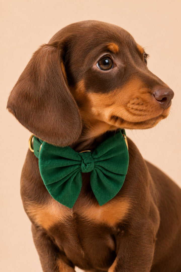 Close-up of a chocolate and tan Dachshund puppy looking to the side, wearing a Lane & Leash Pine dog collar and sailor bow in solid dark green, against a tan backdrop