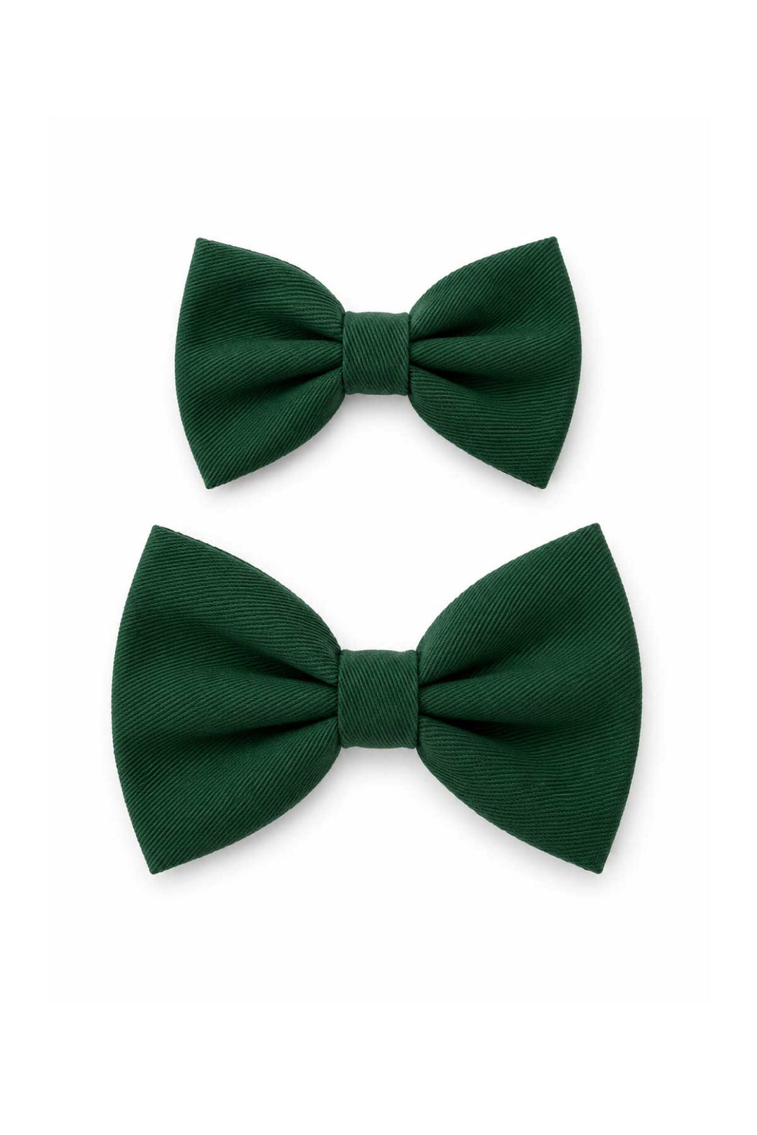 Two Lane & Leash Pine dog bow ties in solid dark green, shown in small and large sizes on a white background