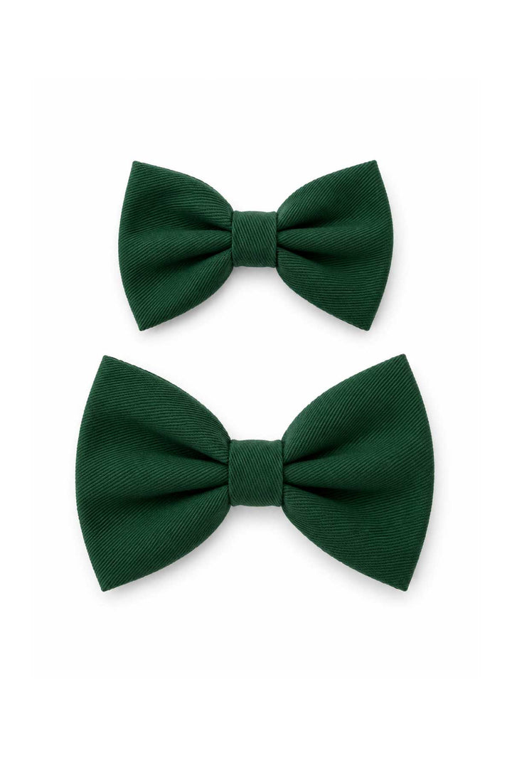 Two Lane & Leash Pine dog bow ties in solid dark green, shown in small and large sizes on a white background