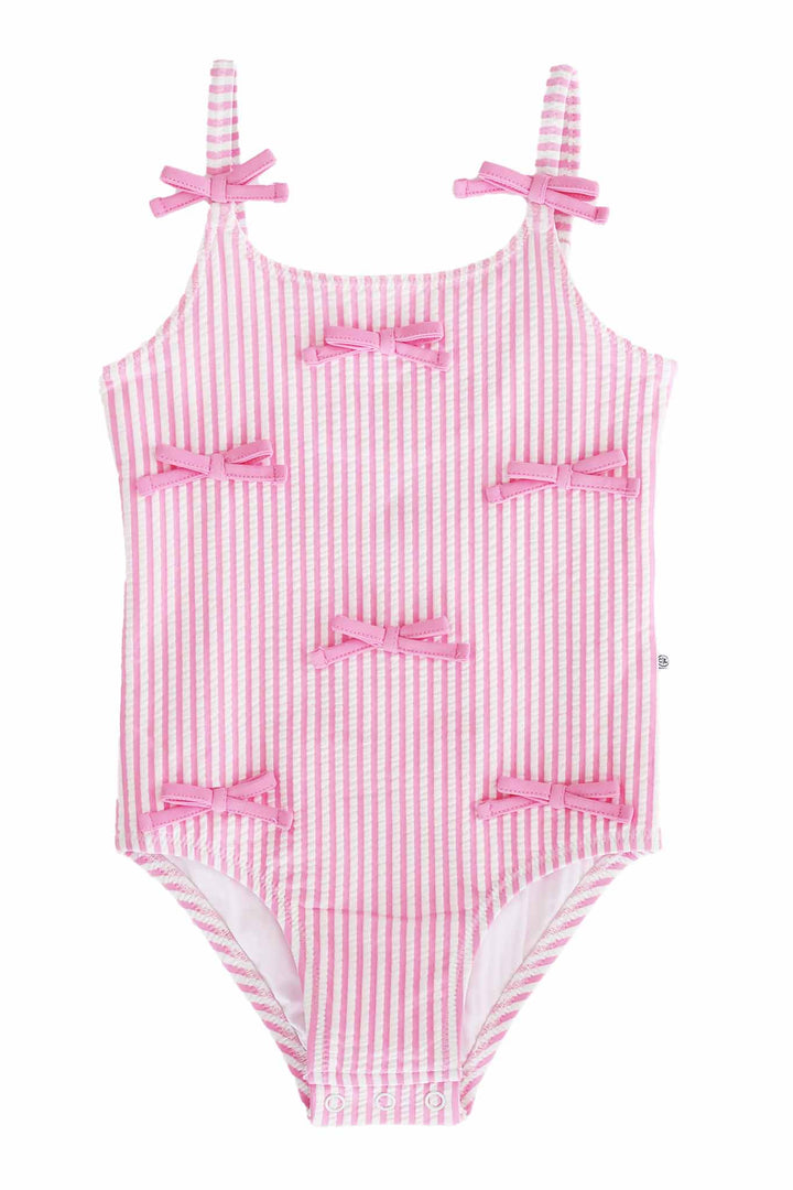 pink seersucker bow one piece swimsuit for girls 