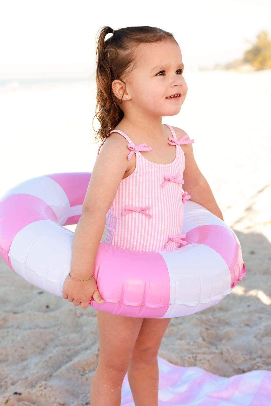 pink seersucker bow one piece swimsuit for girls 