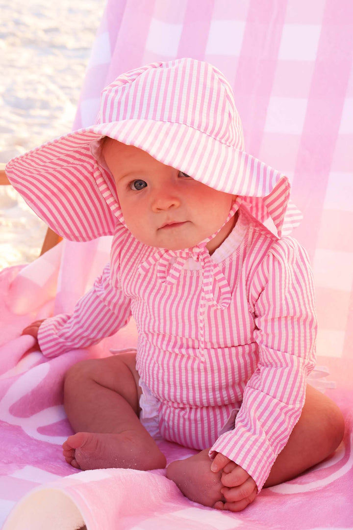 pink seersucker sun hat for girls with matching swimsuits 