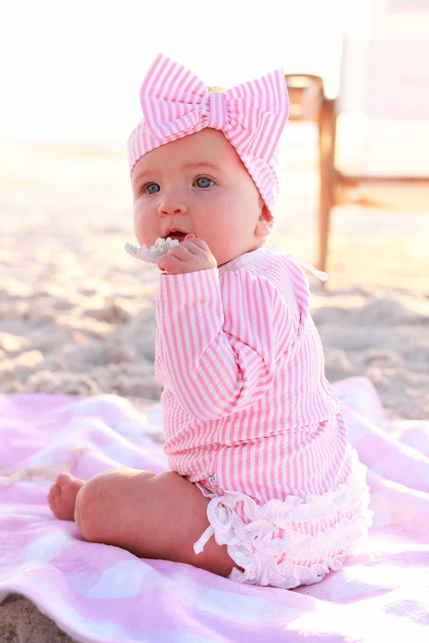 Long Sleeve Rash Guard with Ruffle Bottom | Seersucker Dusty Pink