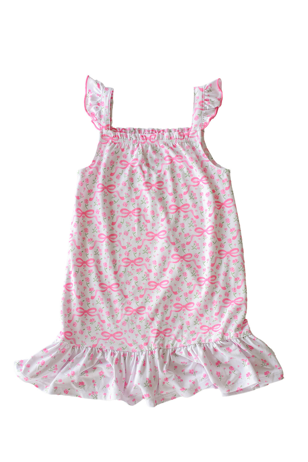 Young girl wearing Full Length Ruffle Nightgown in Dreamy Bows pink bow print, flutter sleeves, standing view