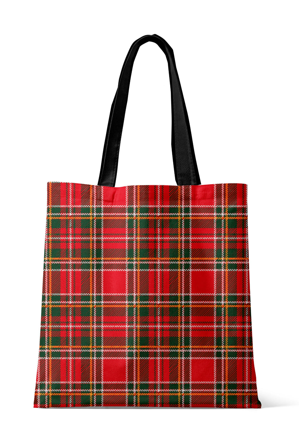 Back view of the Caden Lane Christmas tote bag in a classic red and green plaid print with durable black handles, perfect for festive holiday shopping, gift carrying, and everyday seasonal use.
