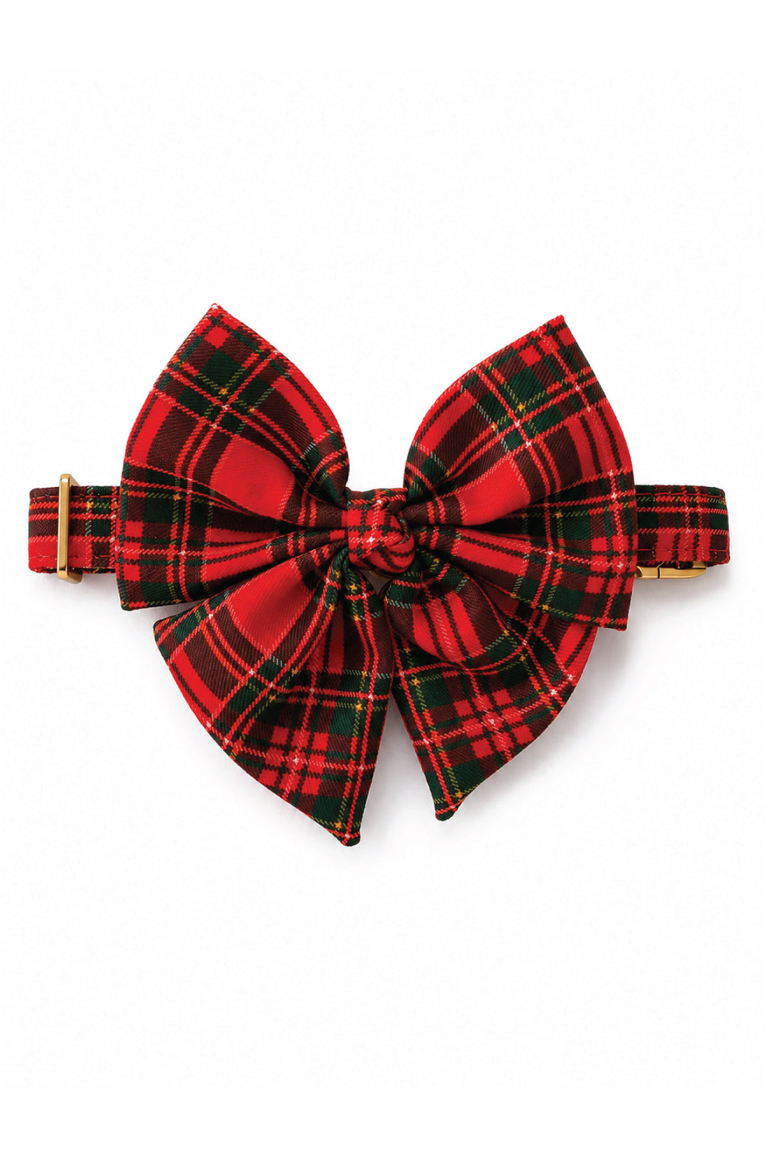 Lane & Leash Plaid Tidings dog collar in red tartan plaid with matching oversized sailor bow and gold hardware, on a white background