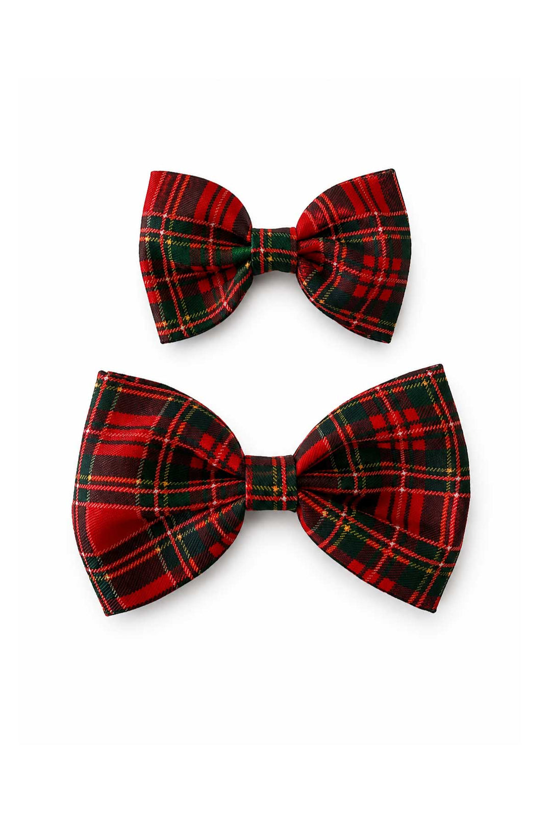 Two Lane & Leash Plaid Tidings dog bow ties in red tartan plaid, shown in small and large sizes on a white background