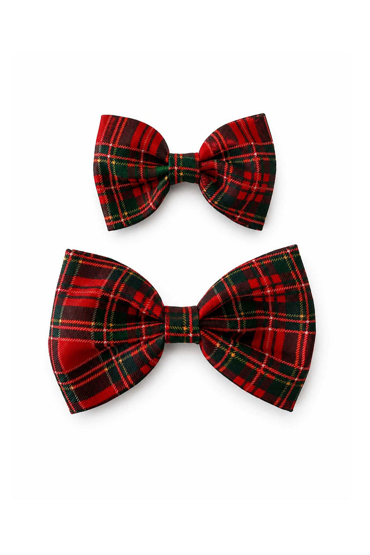 Two Lane & Leash Plaid Tidings dog bow ties in red tartan plaid, shown in small and large sizes on a white background