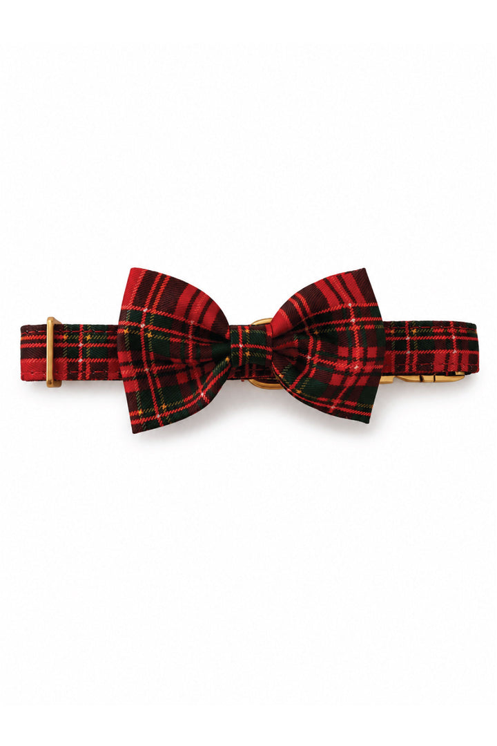 Lane & Leash Plaid Tidings dog collar and bow tie in red tartan, against a white backdrop