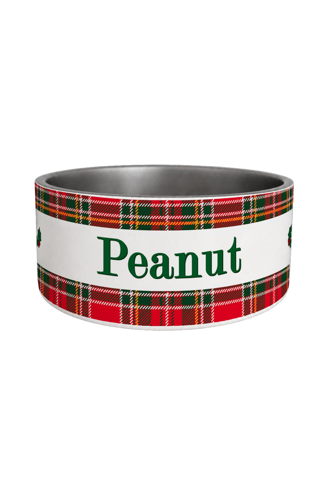 A Lane & Leash pet bowl with a white band featuring the name 'Peanut' in green text, bordered by red, green, and yellow tartan plaid patterns on the sides, set against a plain white background.