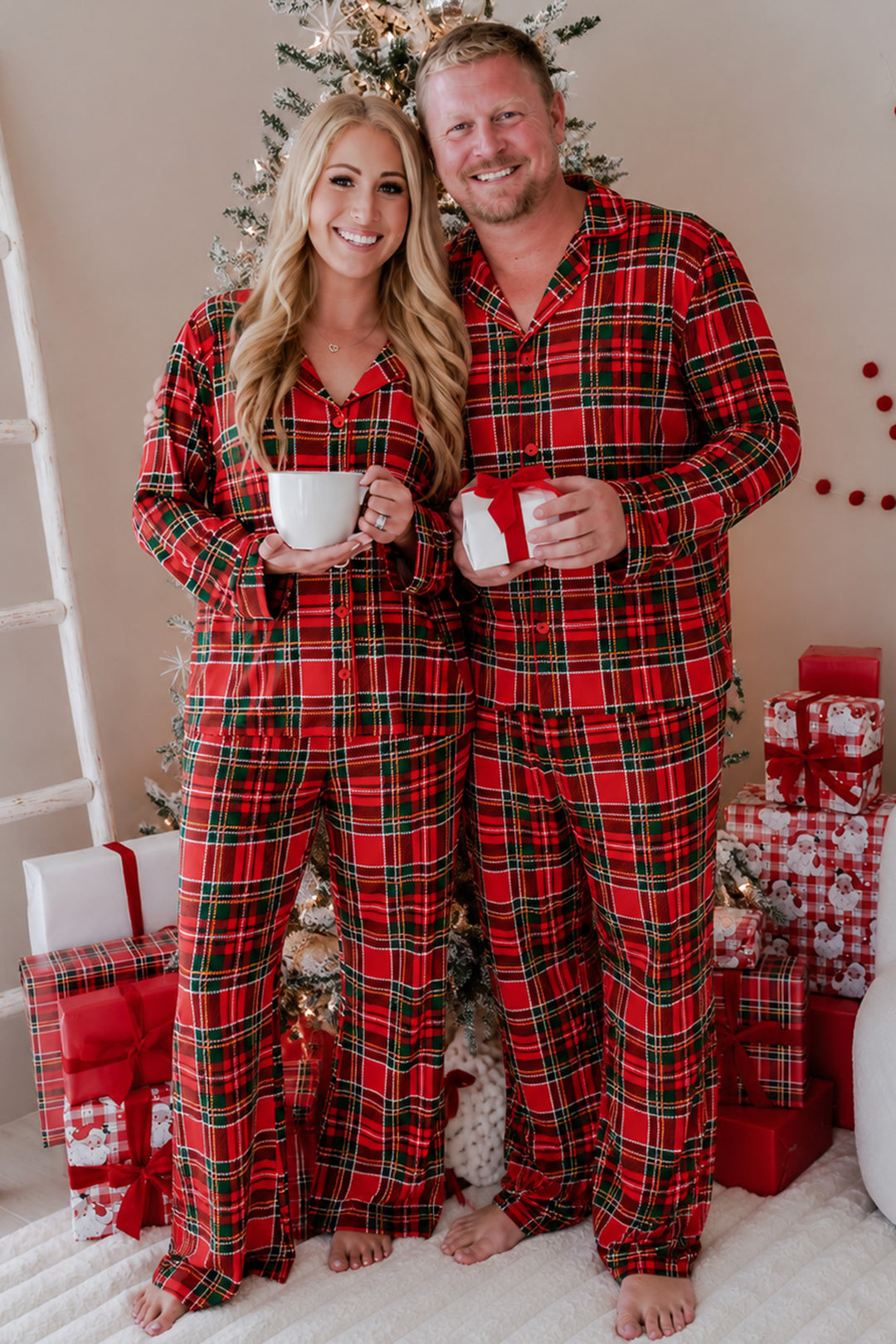Couple wearing Caden Lane plaid matching pajamas 