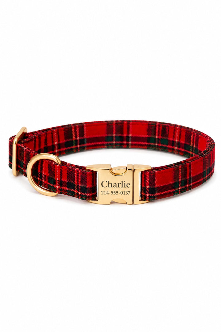 Lane & Leash Plaid Tidings dog collar in red tartan plaid, featuring a gold engraved buckle personalized with the name 'Charlie' and phone number.