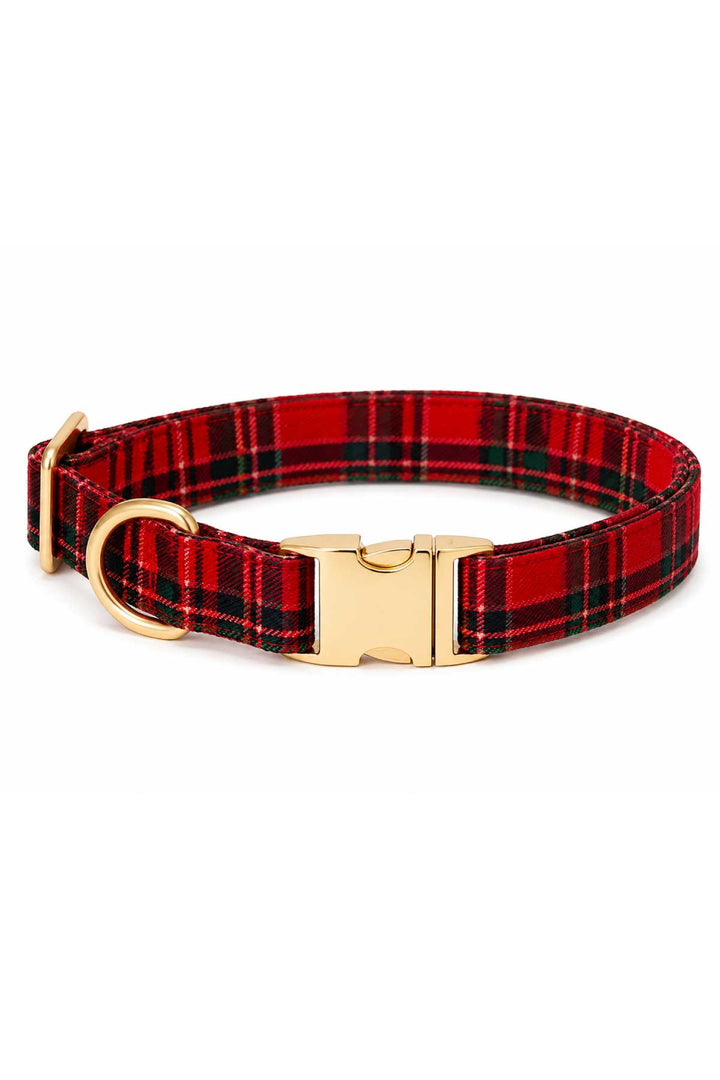 Lane & Leash Plaid Tidings dog collar in red tartan plaid, featuring a gold buckle