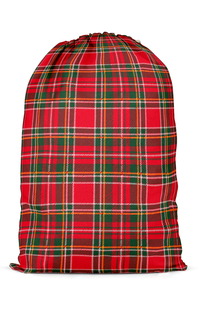 Back view of the Caden Lane Christmas Santa sack in a classic red and green plaid print with a durable drawstring closure, perfect for holiday gifts and matching Christmas décor.