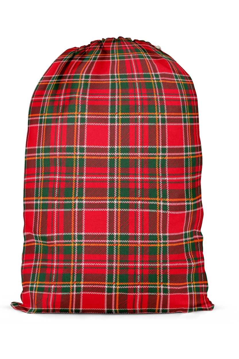 Back view of the Caden Lane Christmas Santa sack in a classic red and green plaid print with a durable drawstring closure, perfect for holiday gifts and matching Christmas décor.