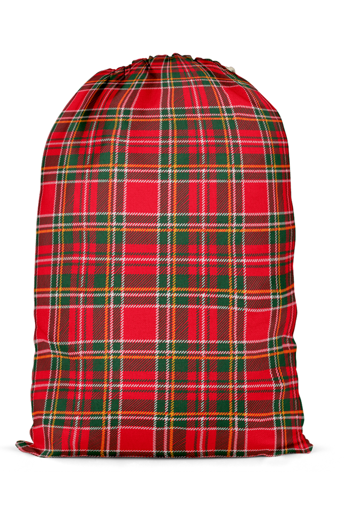 Back view of the Caden Lane Christmas Santa sack in a classic red and green plaid print with a durable drawstring closure, perfect for holiday gifts and matching Christmas décor.