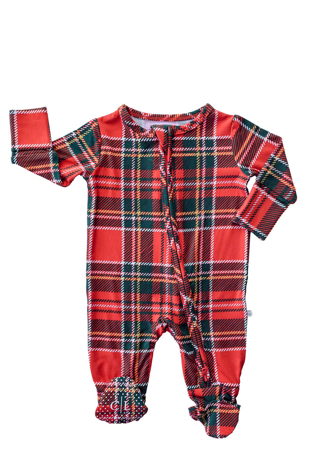 Caden Lane Christmas bamboo convertible zipper footie in a festive red and green plaid print featuring a two-way zipper, fold-over mittens, convertible foot cuffs, and ultra-soft bamboo fabric.