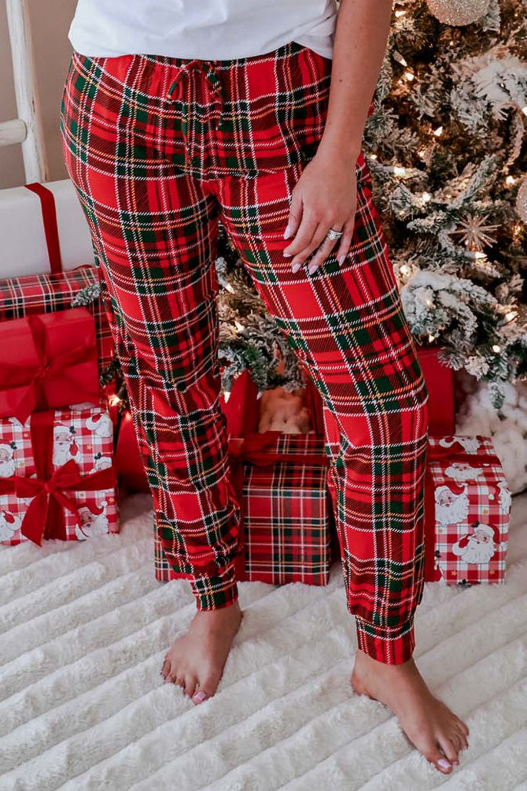 Caden Lane Plaid Tidings adult Christmas jogger pajama pants in classic red and green plaid, styled for matching family holiday pajamas and cozy Christmas mornings.