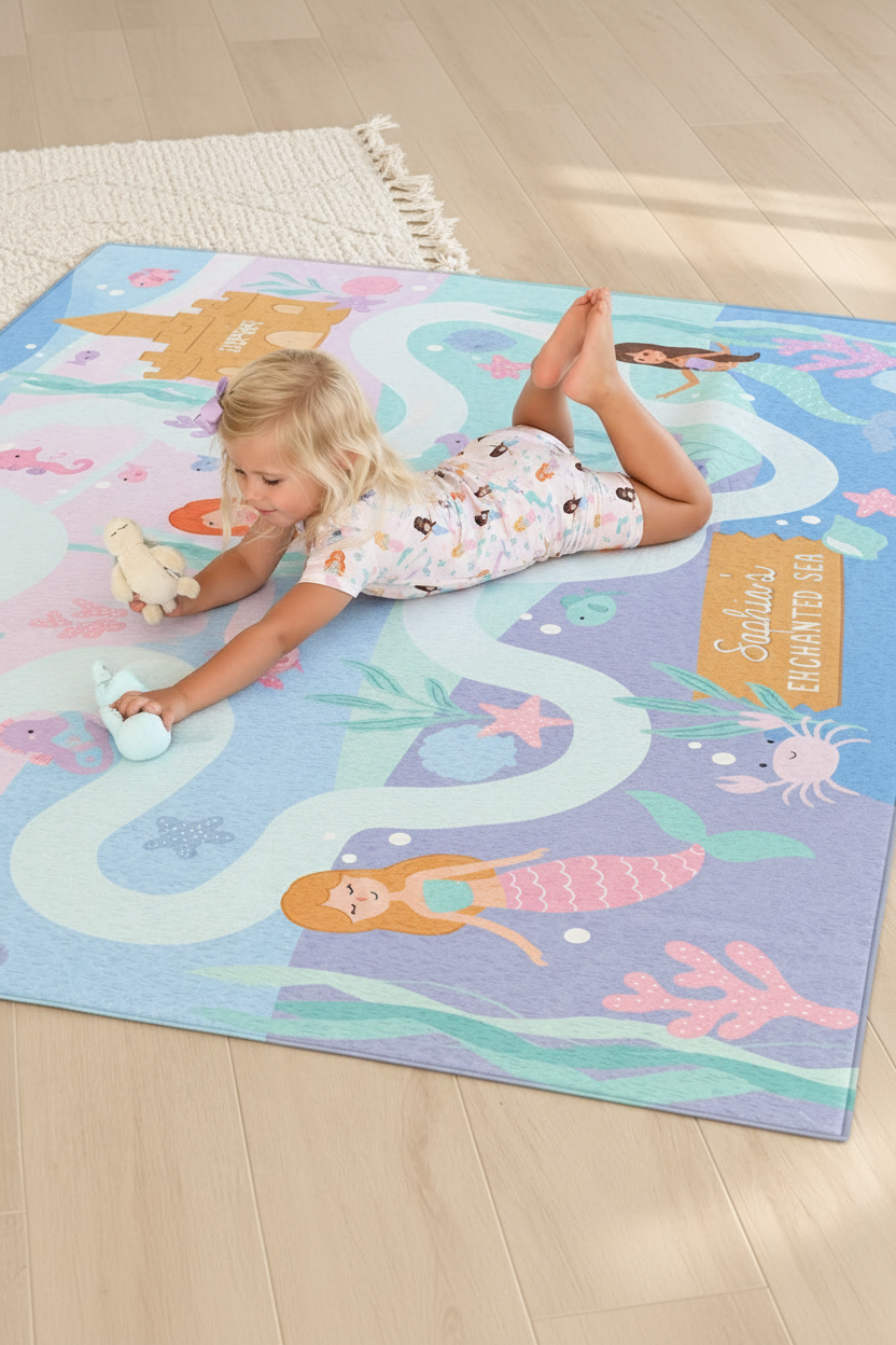 Young girl playing on a personalized Caden Lane mermaid playroom rug featuring pastel mermaids, sea creatures, coral and an underwater castle.