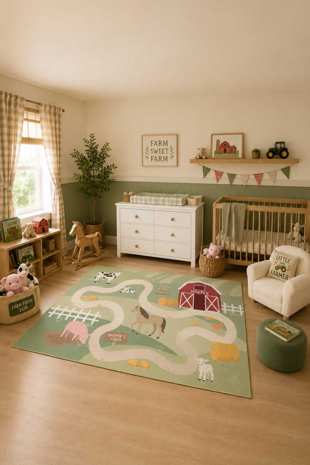 Caden Lane personalized princess-themed area rug in a girl's bedroom, featuring a mint green play-map design with a pastel castle labeled 'Aurora's Castle,' unicorns, a rainbow, and winding paths, placed near a bed with a smiling star pillow