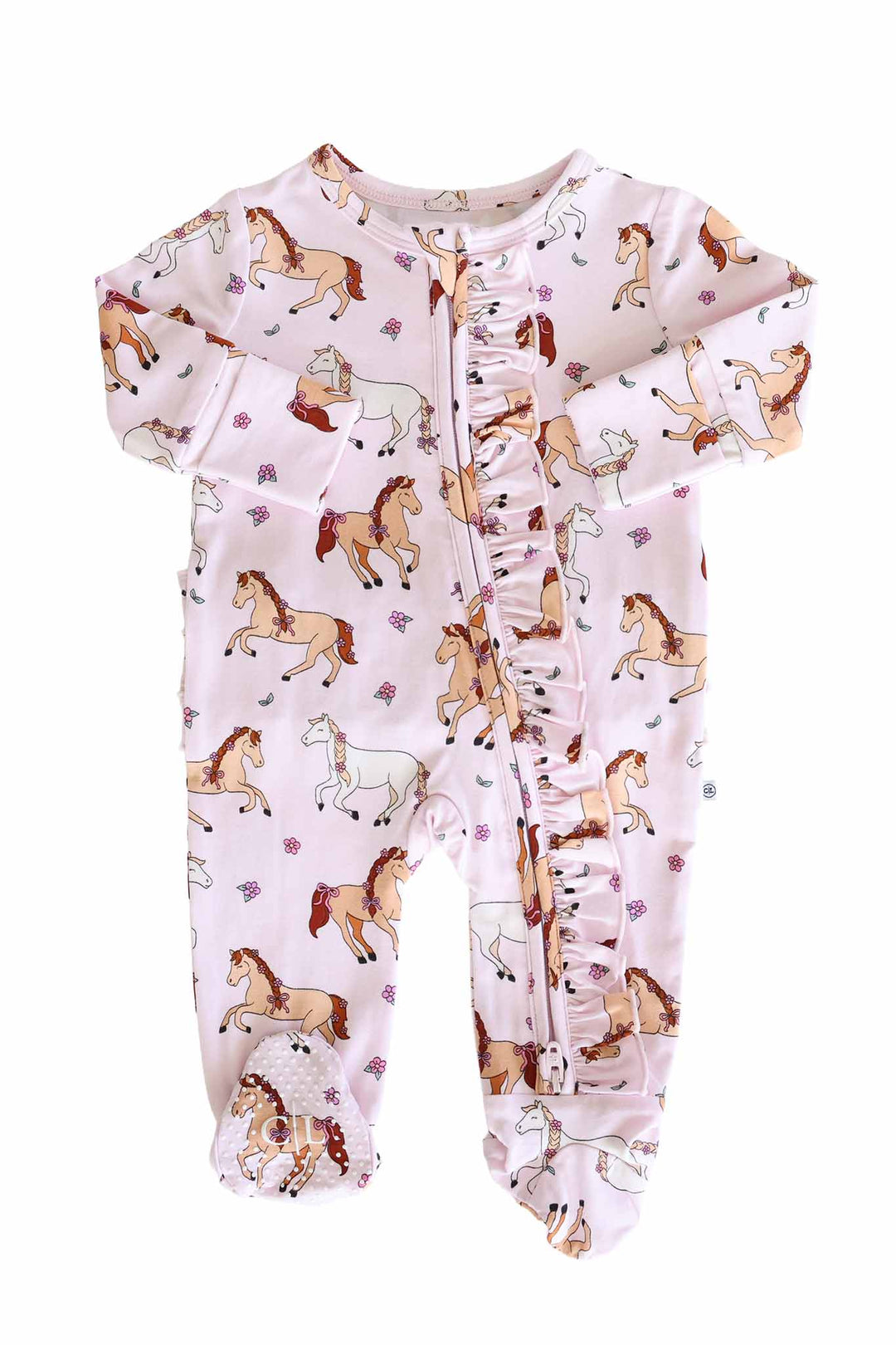 girly pony ruffle zipper footie for girls 