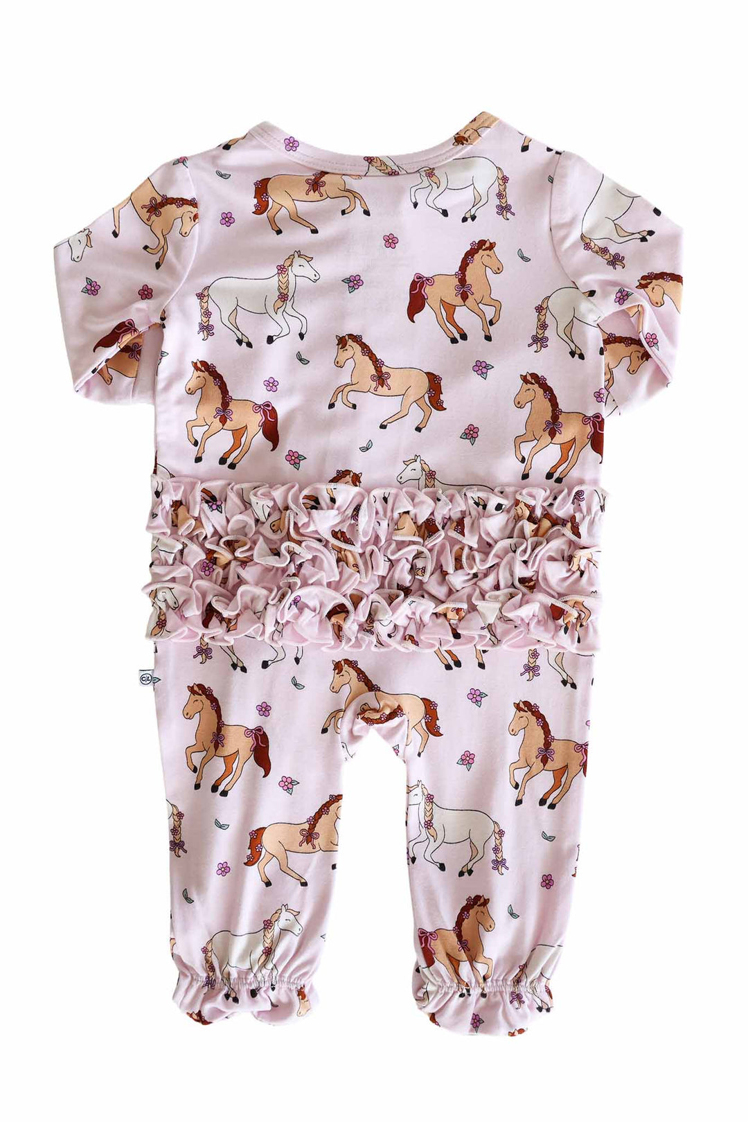 ruffle zipper footie for girls in pony club pink