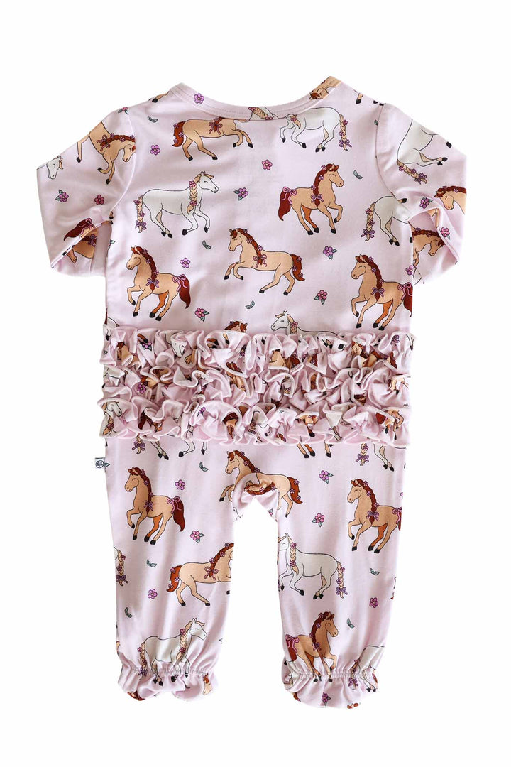 ruffle zipper footie for girls in pony club pink