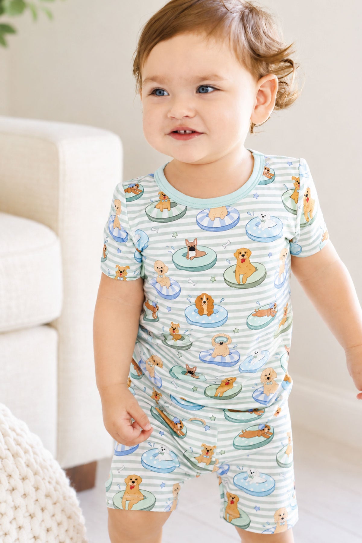 Two Piece Short Pajama Set | Poolside Pups Blue
