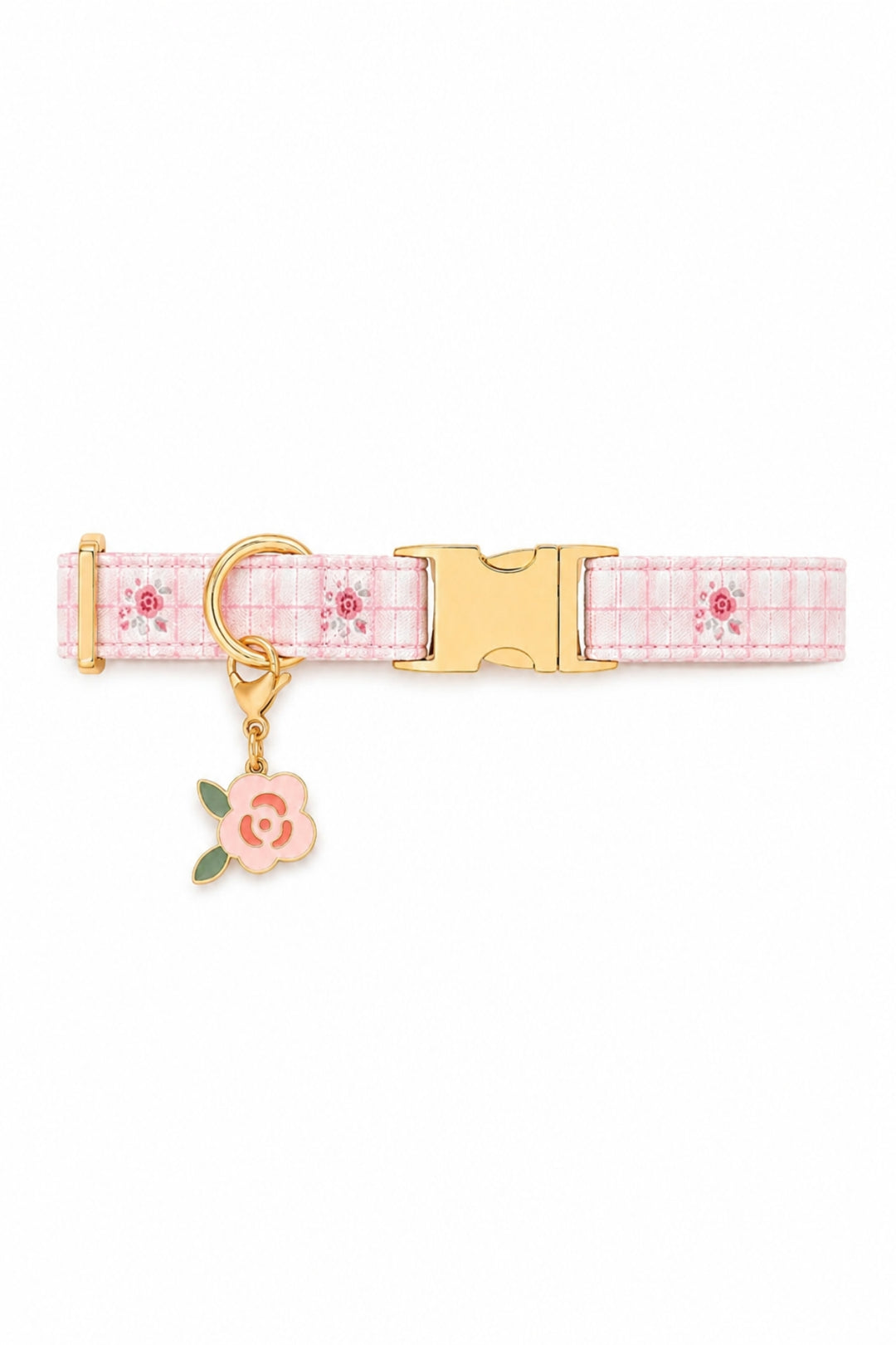A Lane & Leash pink plaid dog collar with a gold buckle and a dangling pink rose charm with green leaves, shown on a plain white background.
